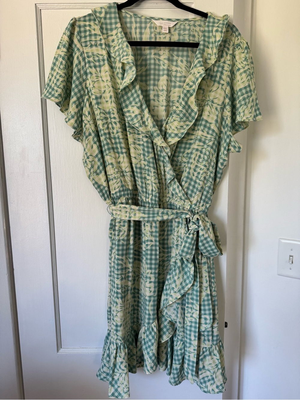 Lauren Conrad Green Printed Faux Wrap Summer Dress